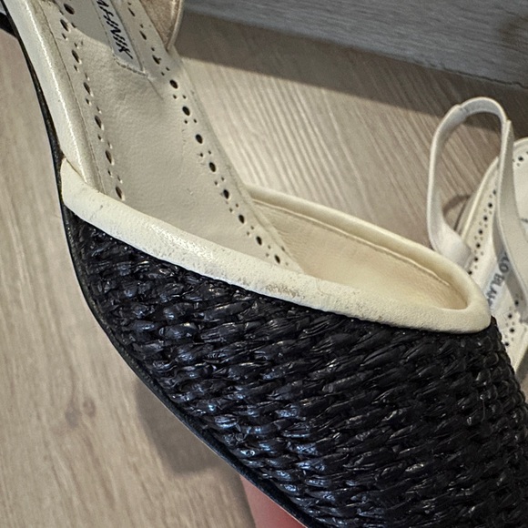 New Manolo Blahnik Raffro Woven Raffia Ballerina Pumps White/Black Size 38.5 - Picture 7 of 10
